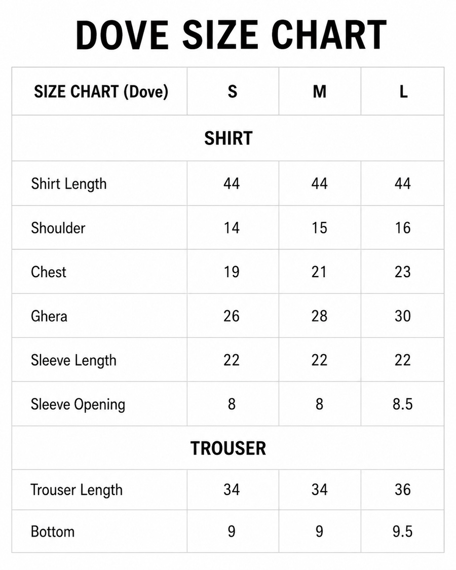 Dove size chart