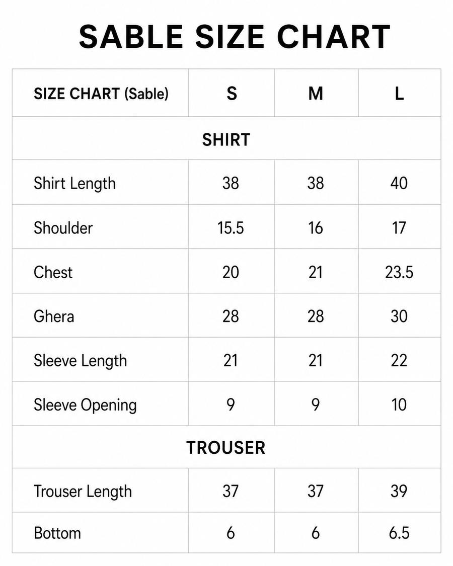 Sable size chart